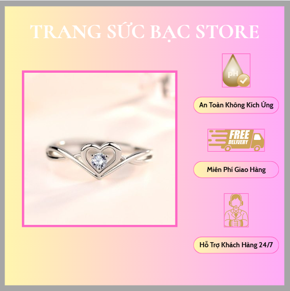 Nhẫn bạc nữ mạ vàng 18k đính đá CZ hình trái tim